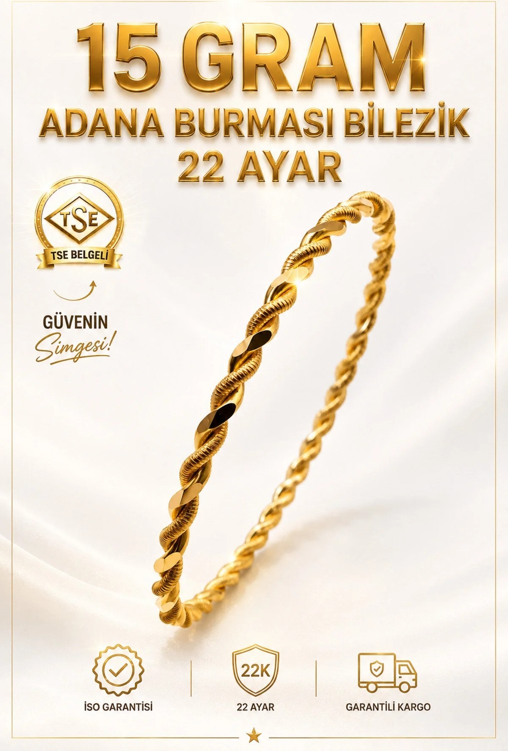 22 Ayar Tse Belgeli (15 Gram) Adana Burması Bilezik Altın Gold Bilezik Düğün Nişan