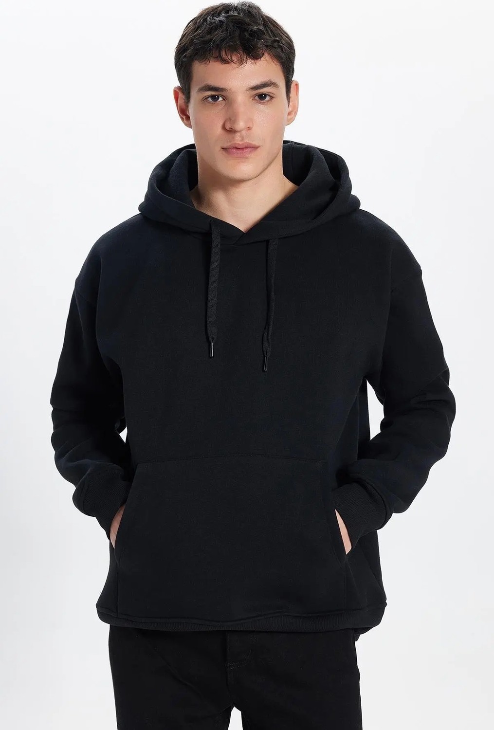 Tudors Unisex Oversize Geniş Kesim Pamuklu Yumuşak Dokulu İçi Polarlı Basic Siyah Kapüşonlu Sweatshirt görsel 2