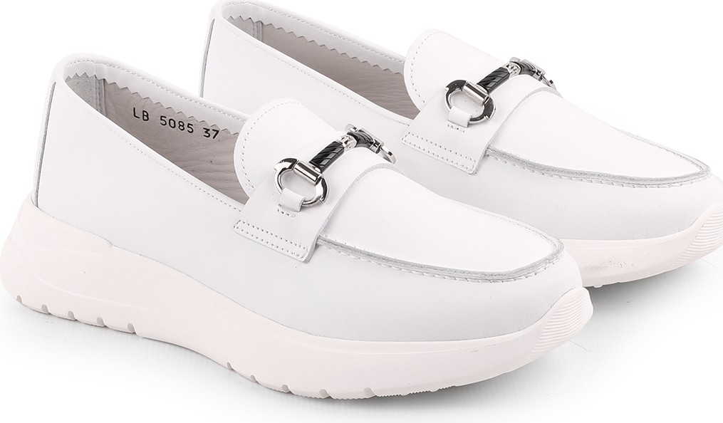 Libero LZ5085 Beyaz Hakiki Deri Metal Köprülü Kalın Esnek Taban Kadın Comfort Loafer Sneaker görsel 3