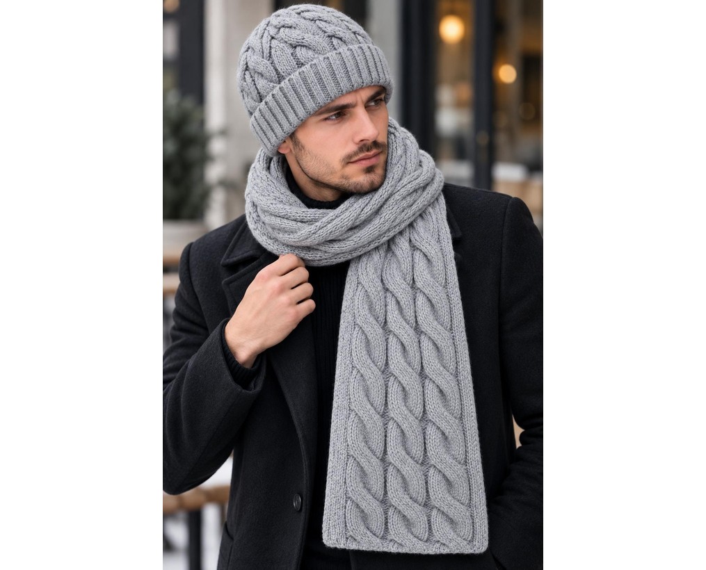 Wearflawless Erkek Yün Atkı Bere Seti, 2'li Kışlık Yün Saç Örgü Desenli Bere ve Atkı Takımı, Erkek Için Hediye görsel 6