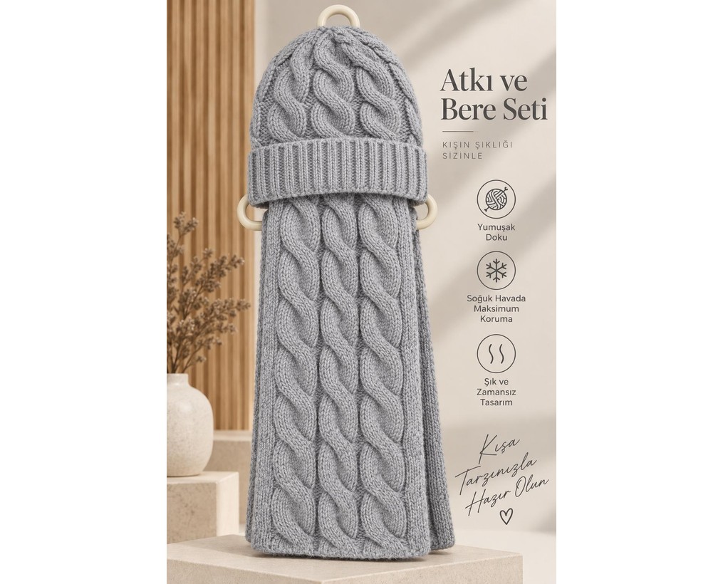 Wearflawless Erkek Yün Atkı Bere Seti, 2'li Kışlık Yün Saç Örgü Desenli Bere ve Atkı Takımı, Erkek Için Hediye görsel 7