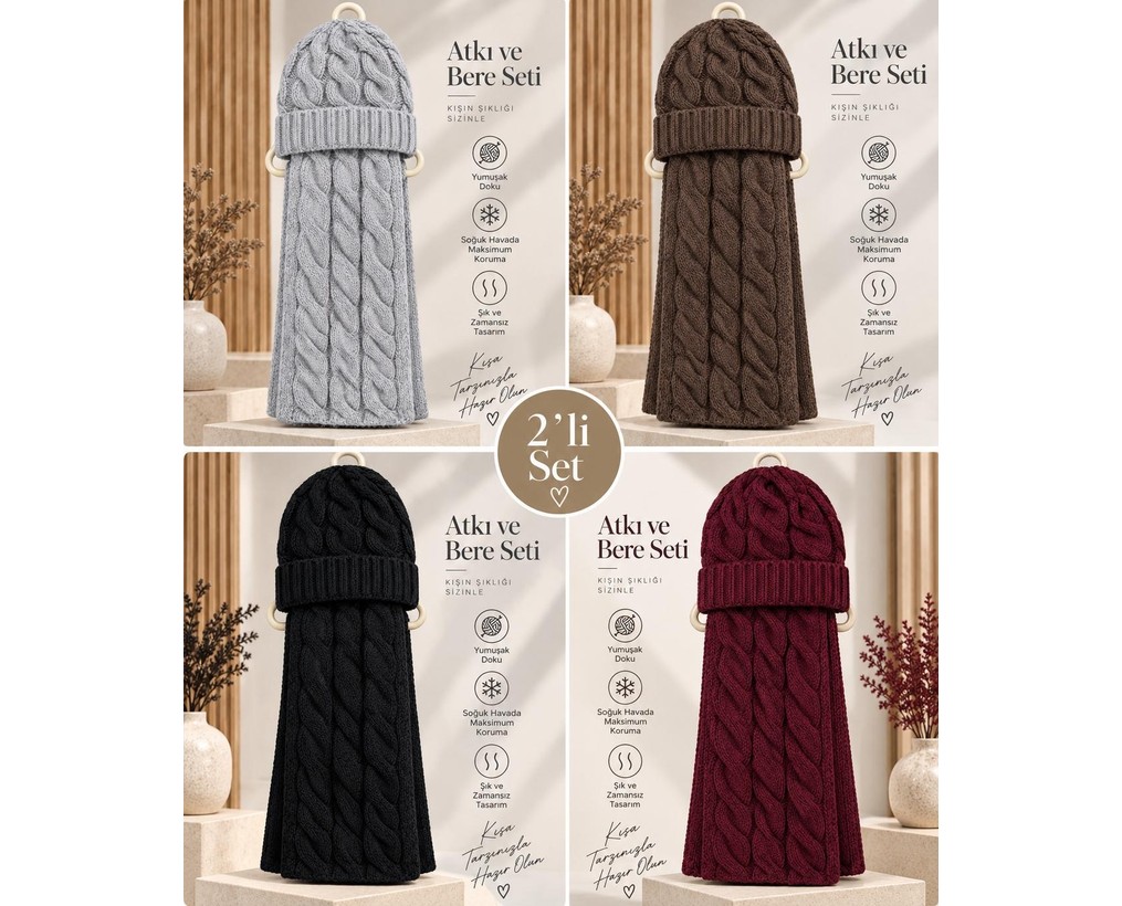 Wearflawless Erkek Yün Atkı Bere Seti, 2'li Kışlık Yün Saç Örgü Desenli Bere ve Atkı Takımı, Erkek Için Hediye görsel 8