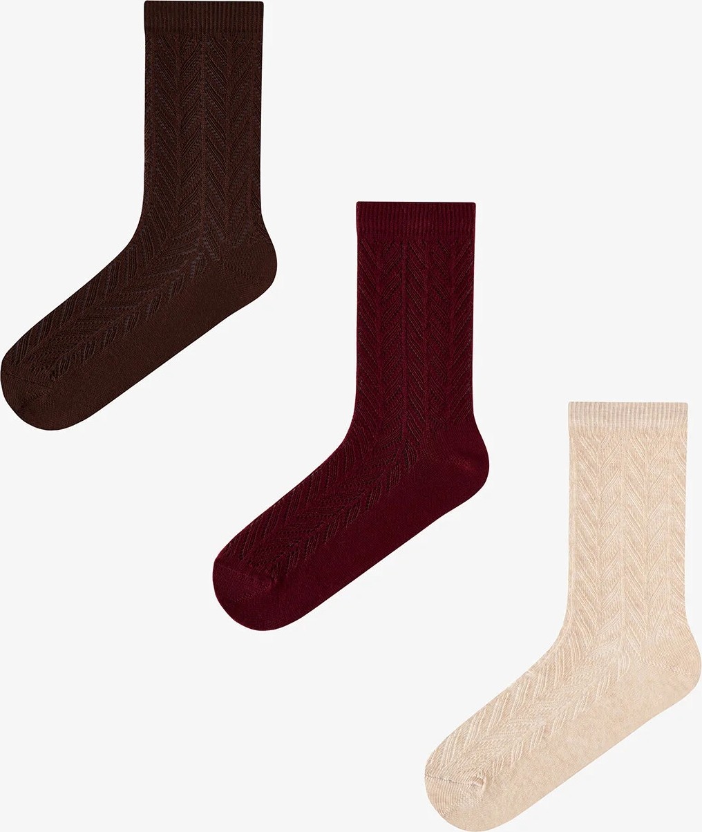 Penti Bordo Bej Braided Colosio Ajur Desenli Pamuklu 3 Çift Soket Çorap