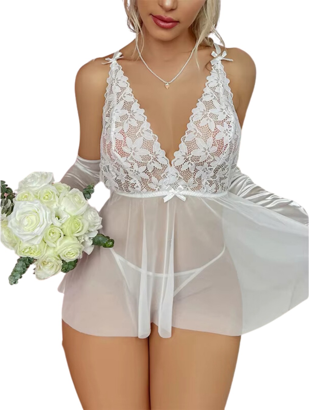 Fantezi Beyaz Dantelli Transparan Tül Etekli Seksi Elbise Gecelik TG273266 görsel 2