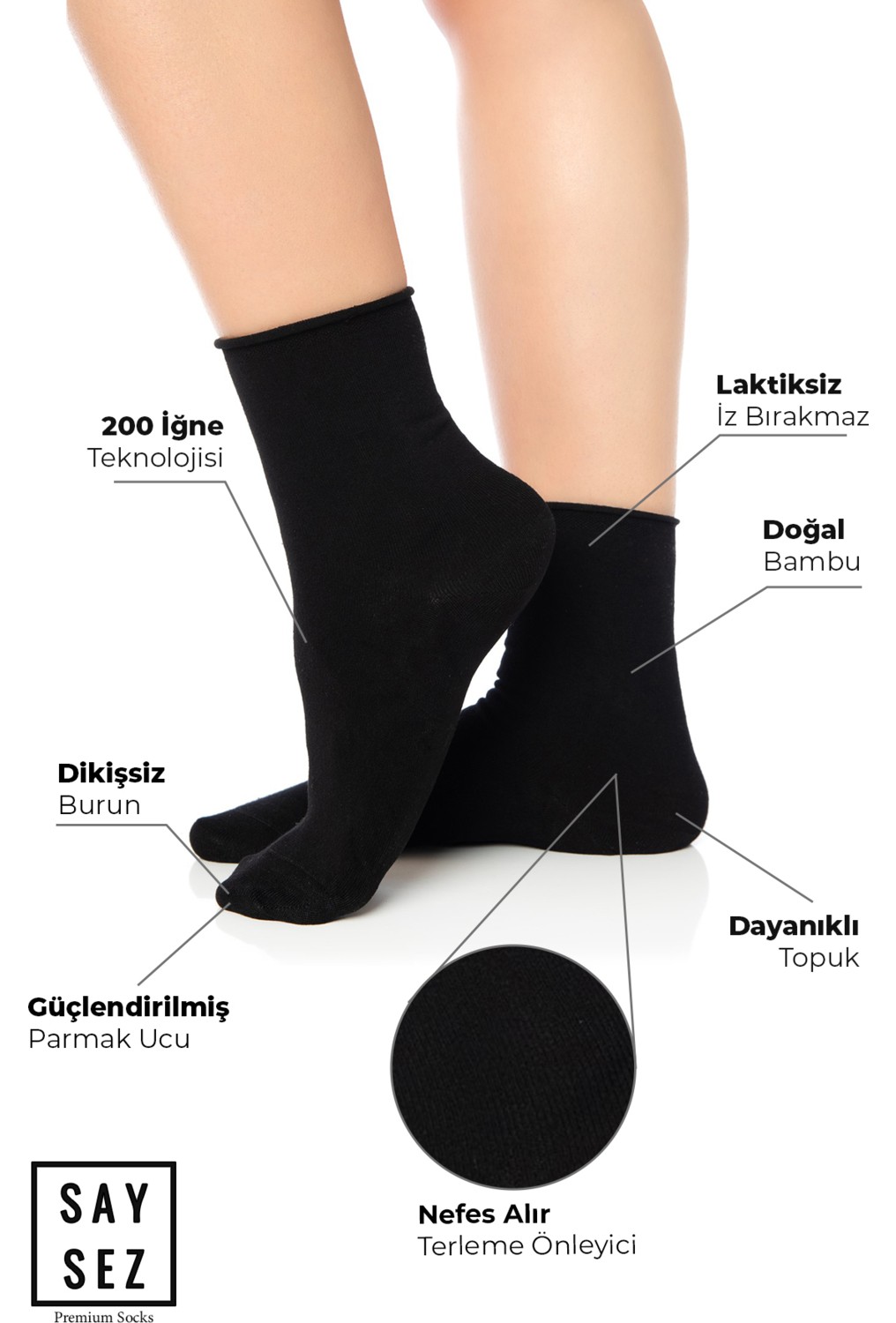 Saysez Bambu Kadın Lastiksiz Beyaz Soket Dikişsiz Premium Çorap 3'lü Paket / Iz Bırakmaz / Sıkmayan Çorap görsel 2