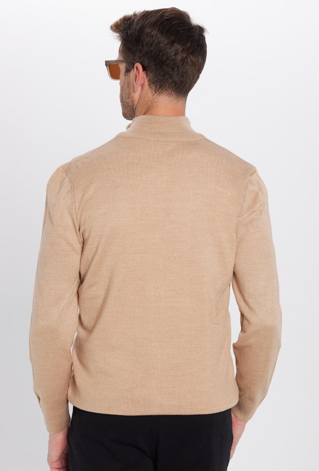 Tudors Unisex Slim Fit Dar Kesim Bej Dik Yaka Fermuarlı Düz Hırka görsel 7