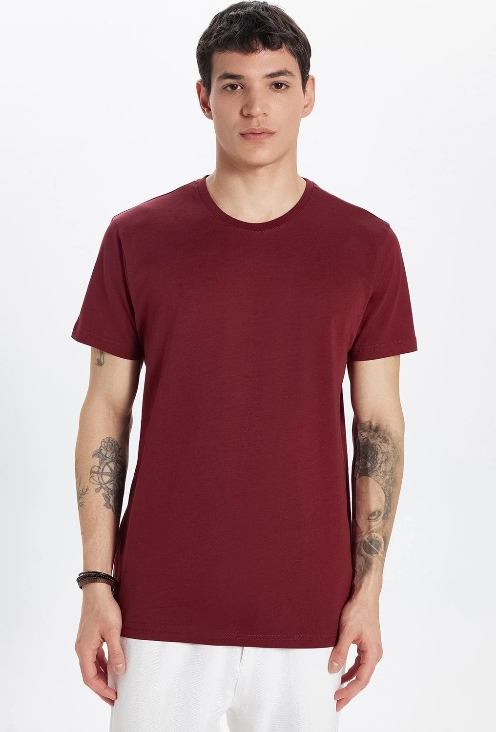 Tudors Unisex Slim Fit Dar Kesim %100 Pamuk Yumuşak Dokulu Bordo Bisiklet Yaka Tişört görsel 8