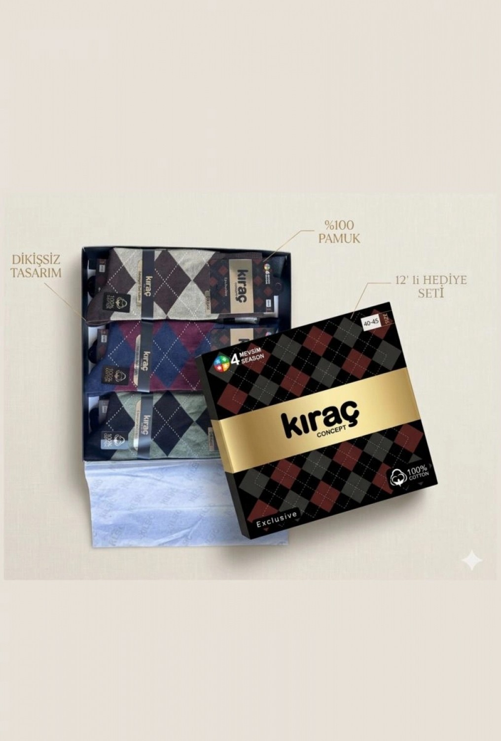 Hace Bazaar Kıraç Concept Exclusive Ekose Desenli Pamuklu Burun Dikişsiz Erkek Çorap Bileği Sıkmayan Lastik 12 Adet