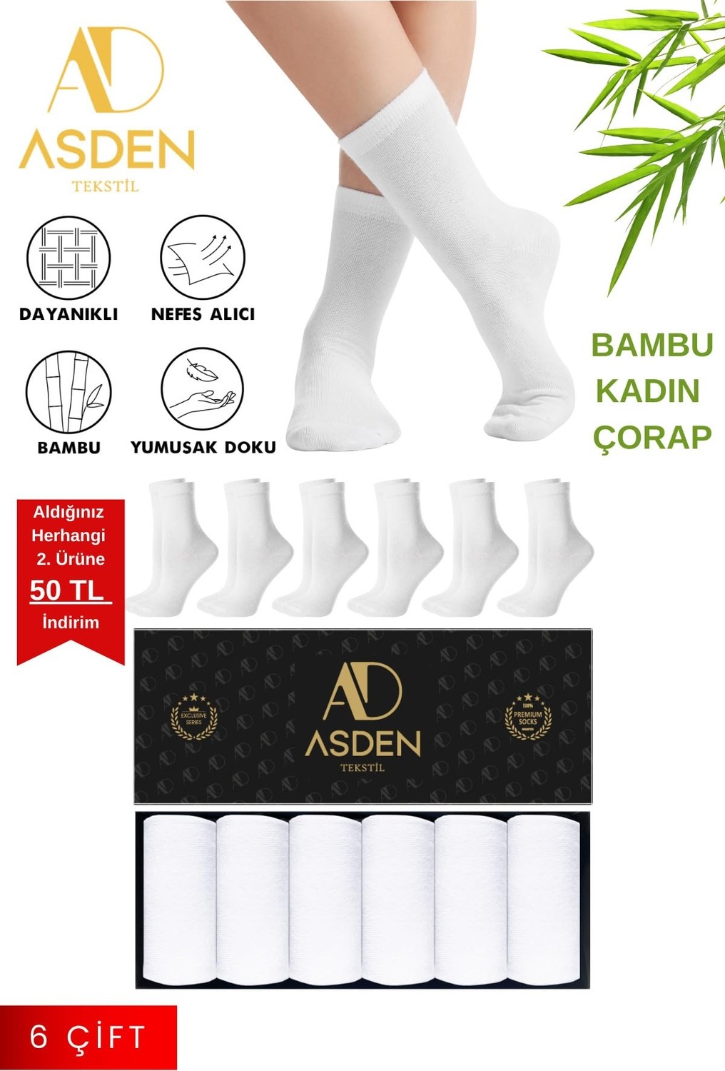Die Grup Bambu Kadın Soket Çorap Beyaz Premium 6'lı Özel Kutulu, Burun Dikişsiz, Soft Yıkamalı görsel 3