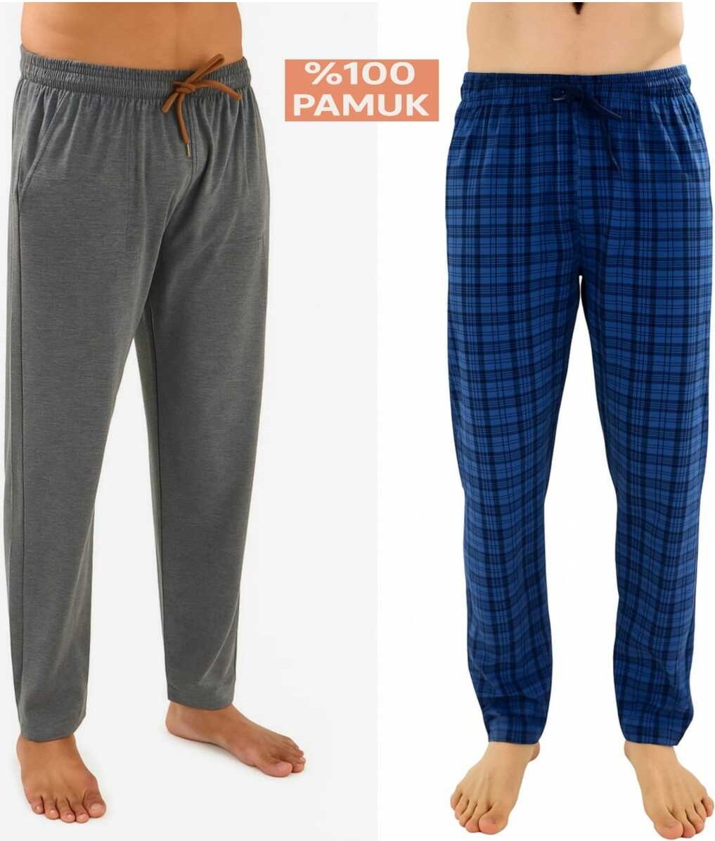 Düven Erkek Pamuklu Antrasit Ekose & Lacivert 2'li Tek Alt Pijama - Mevsimlik Pijama Altı görsel 4
