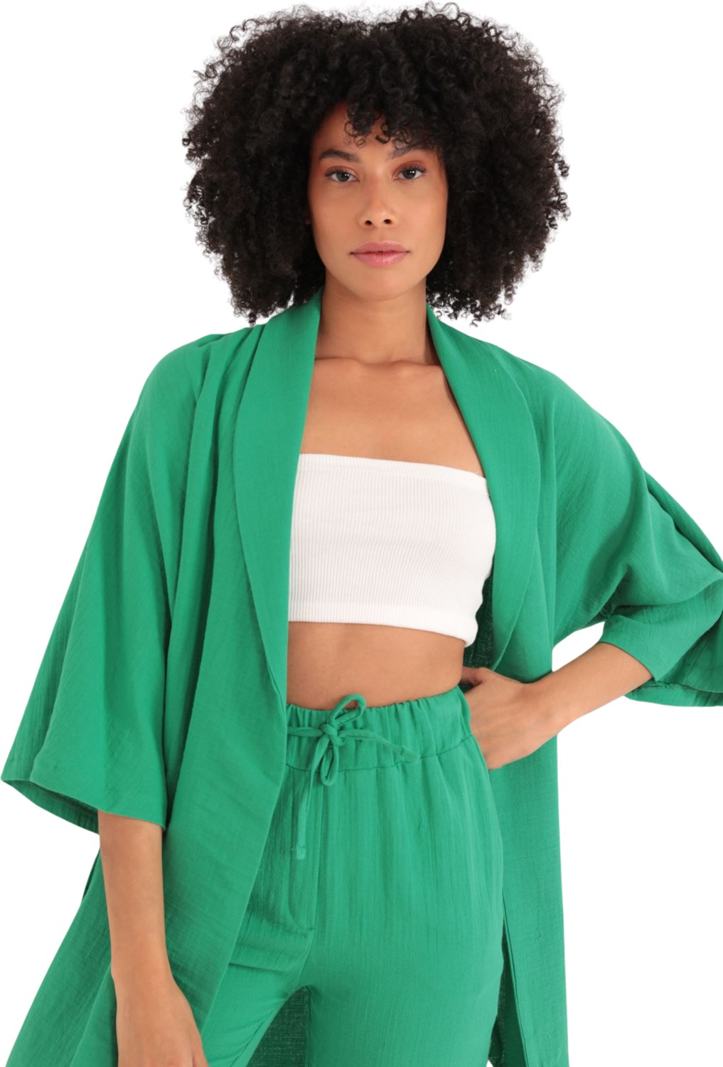 Stylmenplus Rahat Kesim Kimono Üst-Yeşil görsel 2