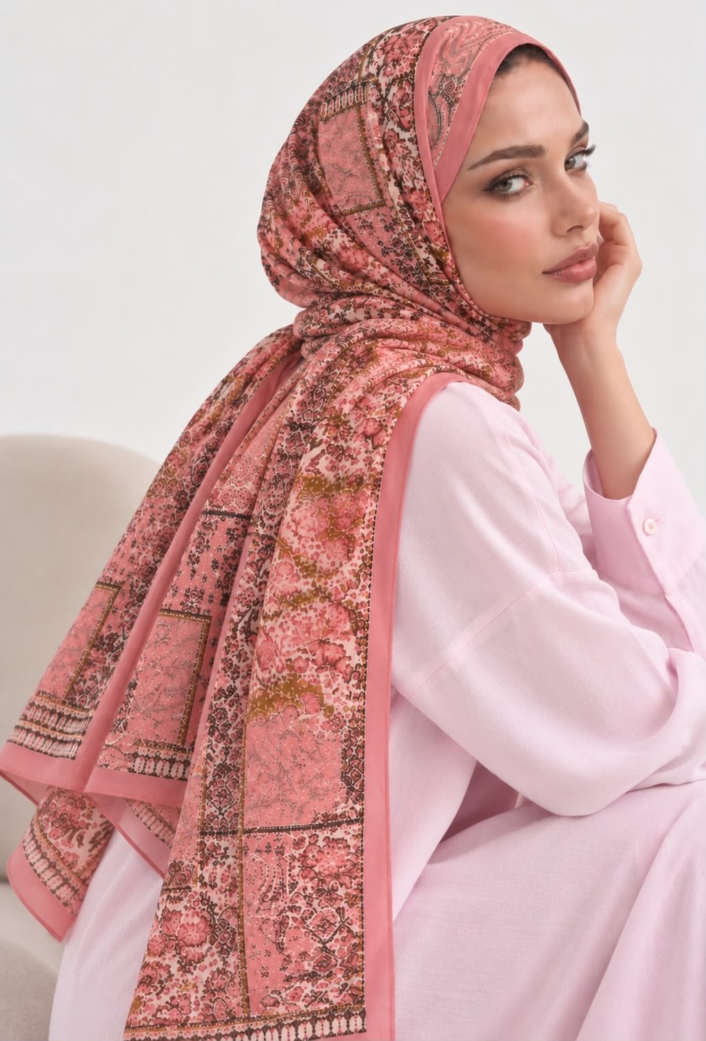 Revam Collection Retro Desen Pamuk Soft Şal Pembe görsel 2
