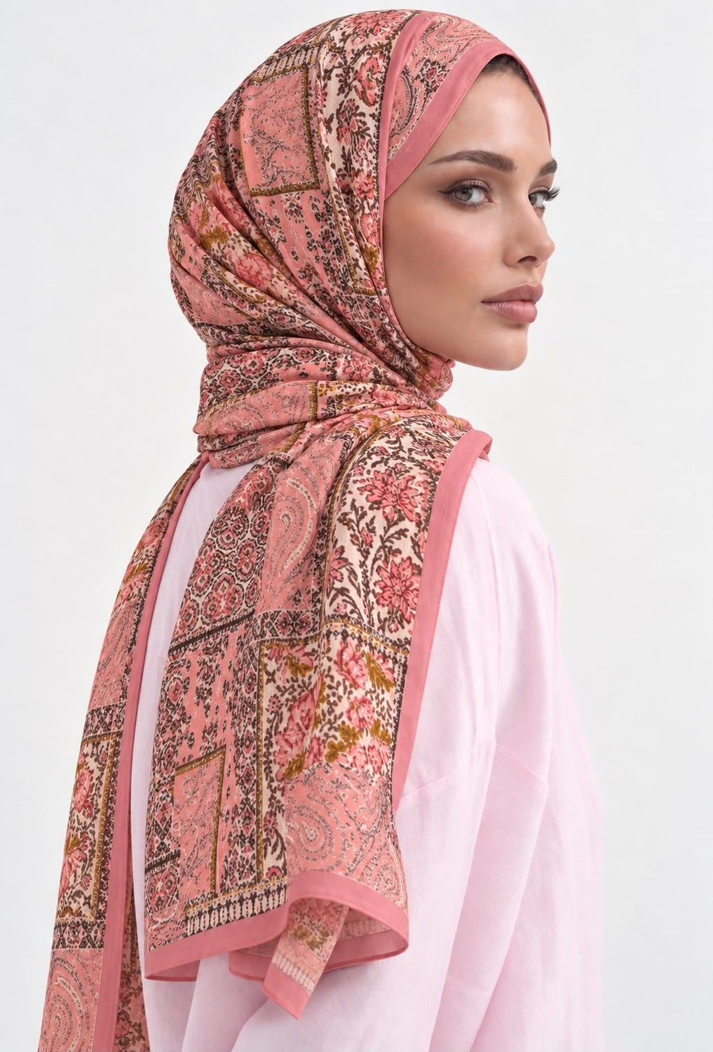 Revam Collection Retro Desen Pamuk Soft Şal Pembe görsel 3