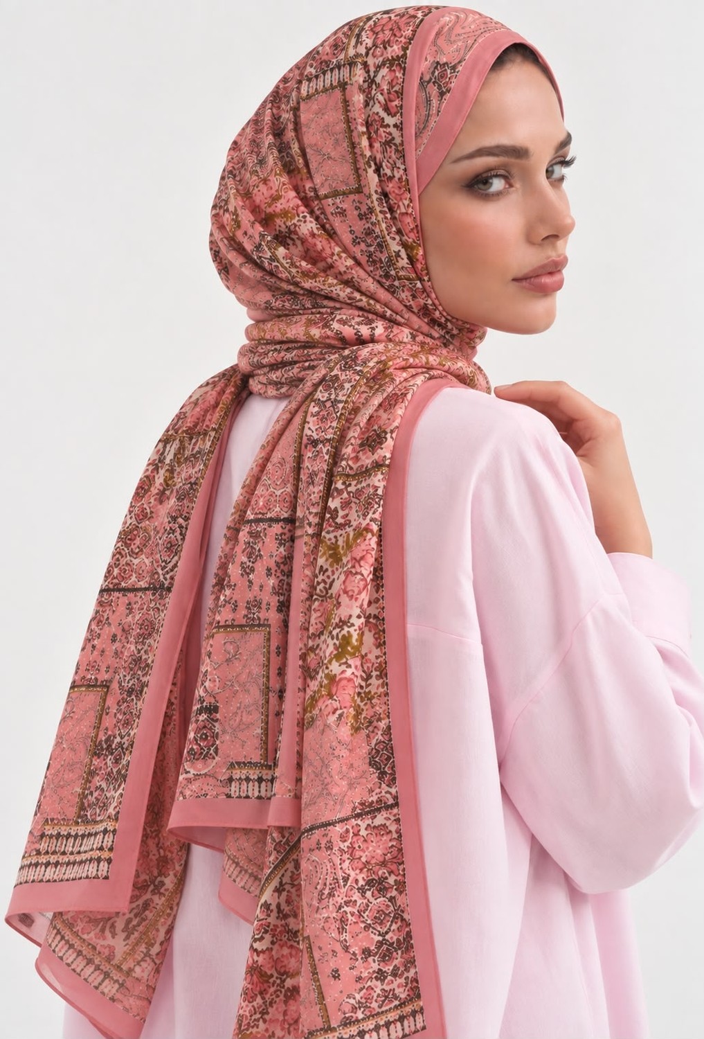 Revam Collection Retro Desen Pamuk Soft Şal Pembe görsel 4