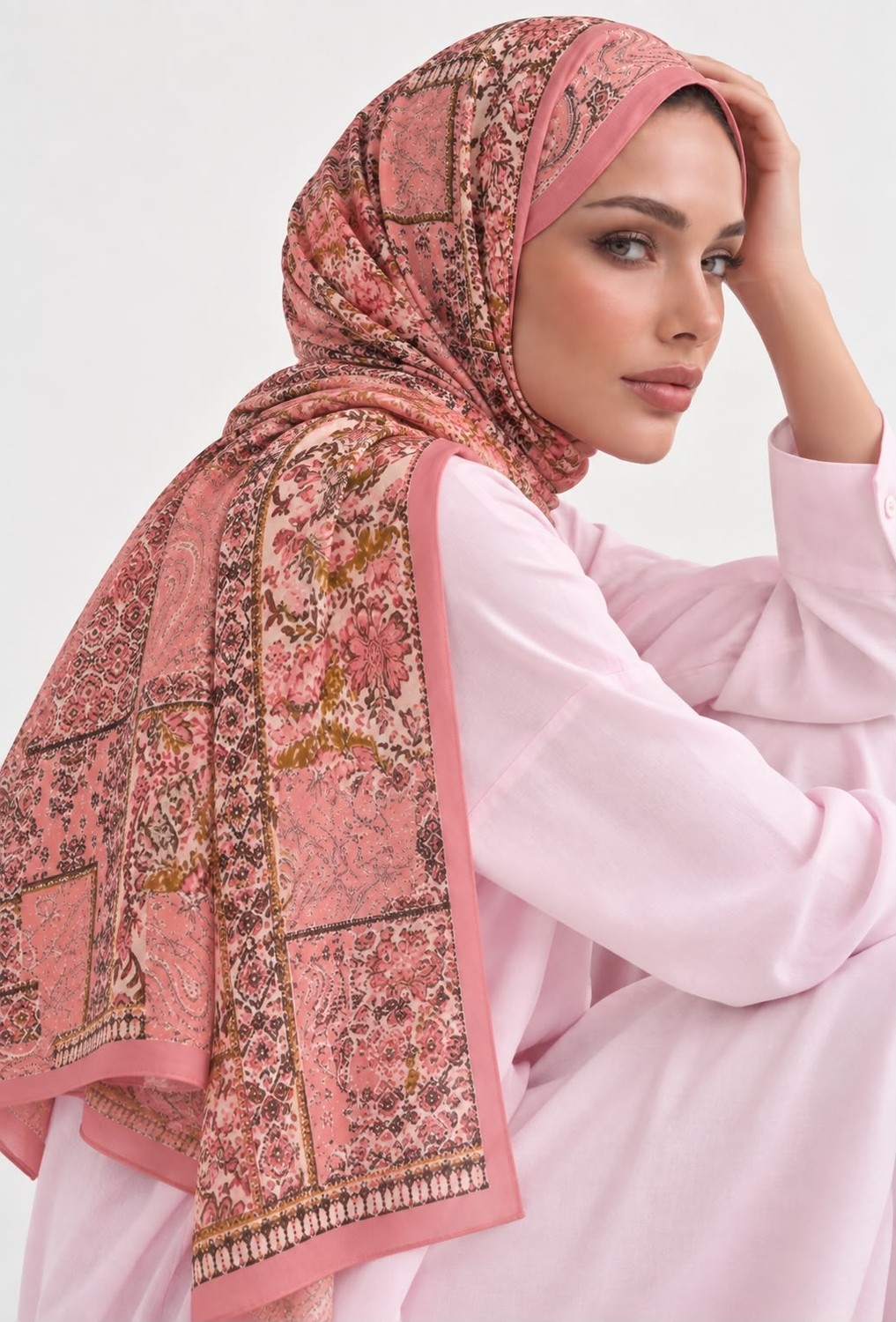 Revam Collection Retro Desen Pamuk Soft Şal Pembe görsel 5