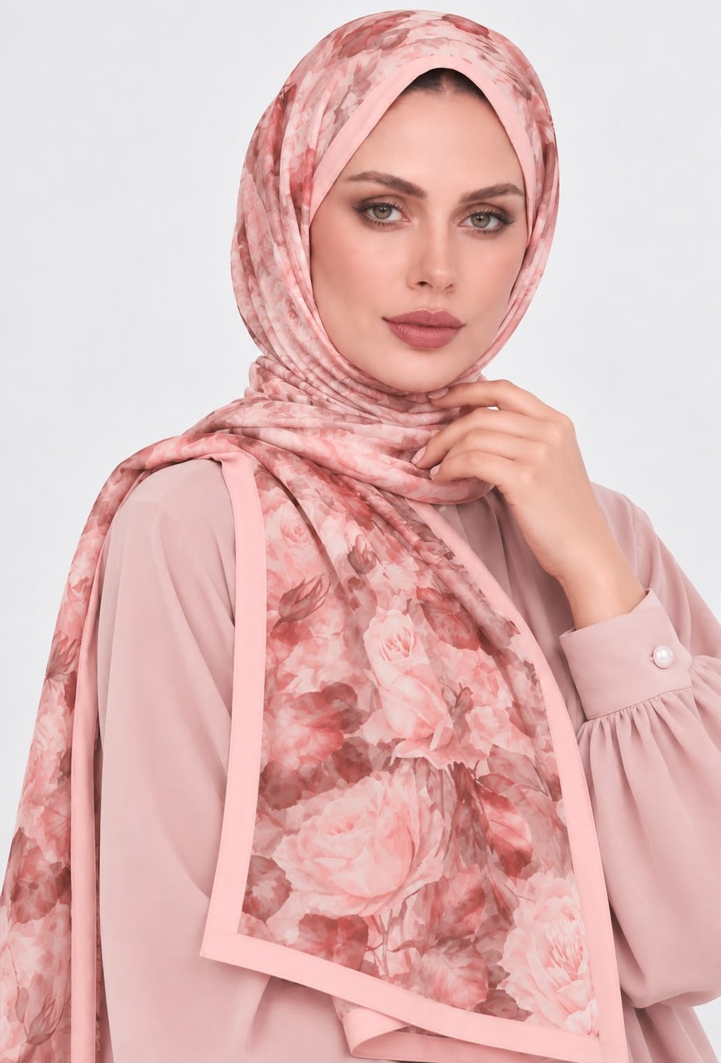 Revam Collection Gül Desen Pamuk Soft Şal Pudra Pembe görsel 2
