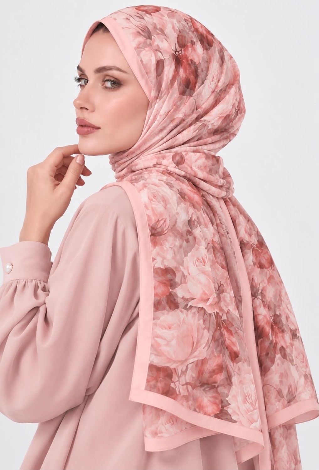 Revam Collection Gül Desen Pamuk Soft Şal Pudra Pembe görsel 3