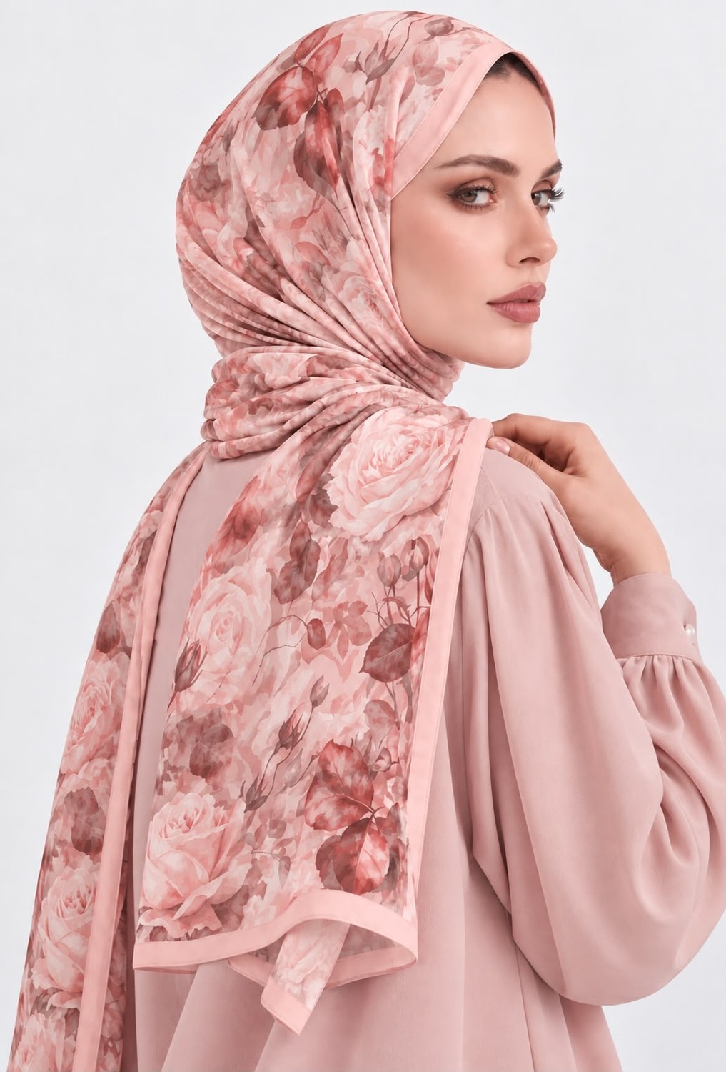 Revam Collection Gül Desen Pamuk Soft Şal Pudra Pembe görsel 4