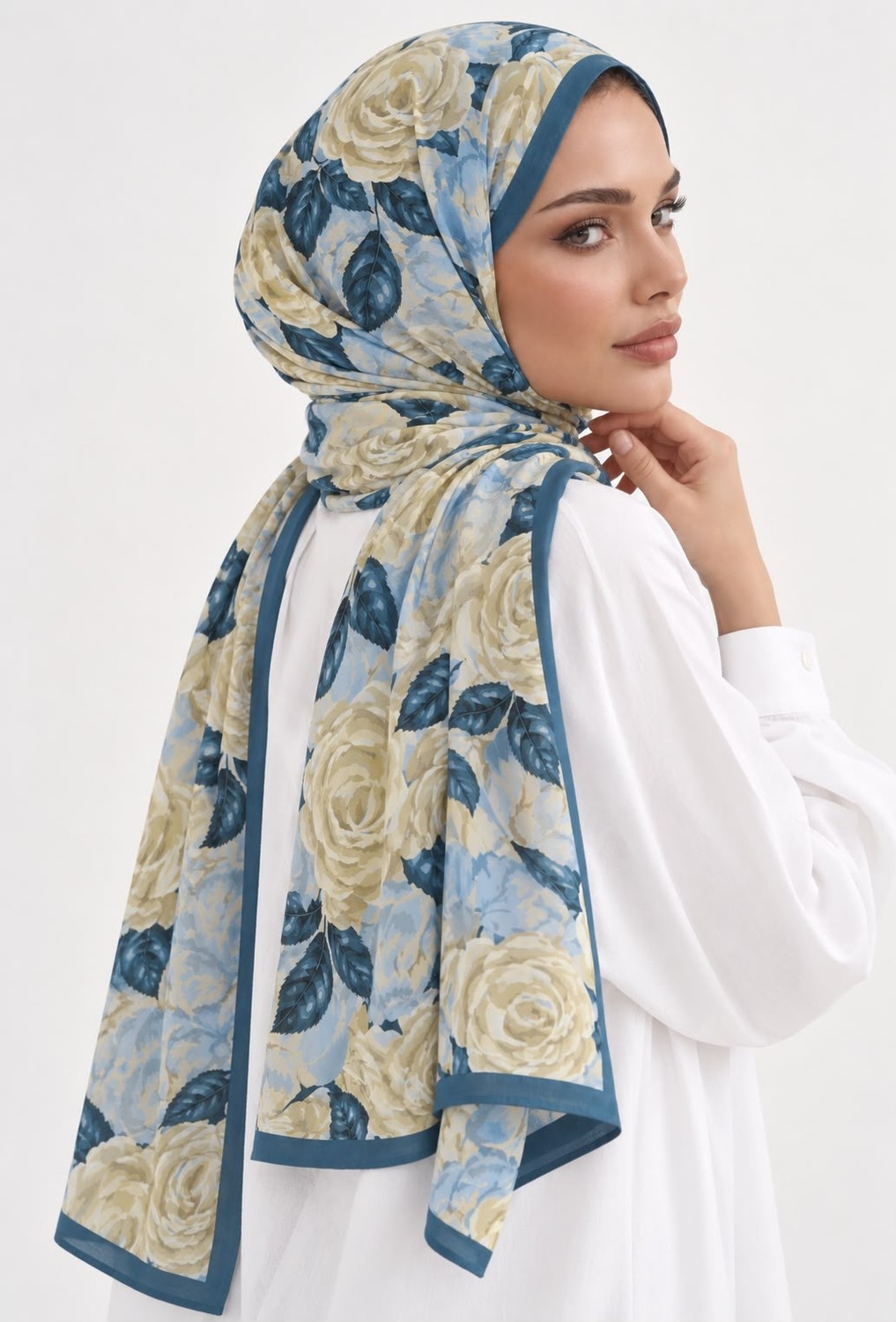 Revam Collection Gül Desen Pamuk Soft Şal Mavi görsel 2