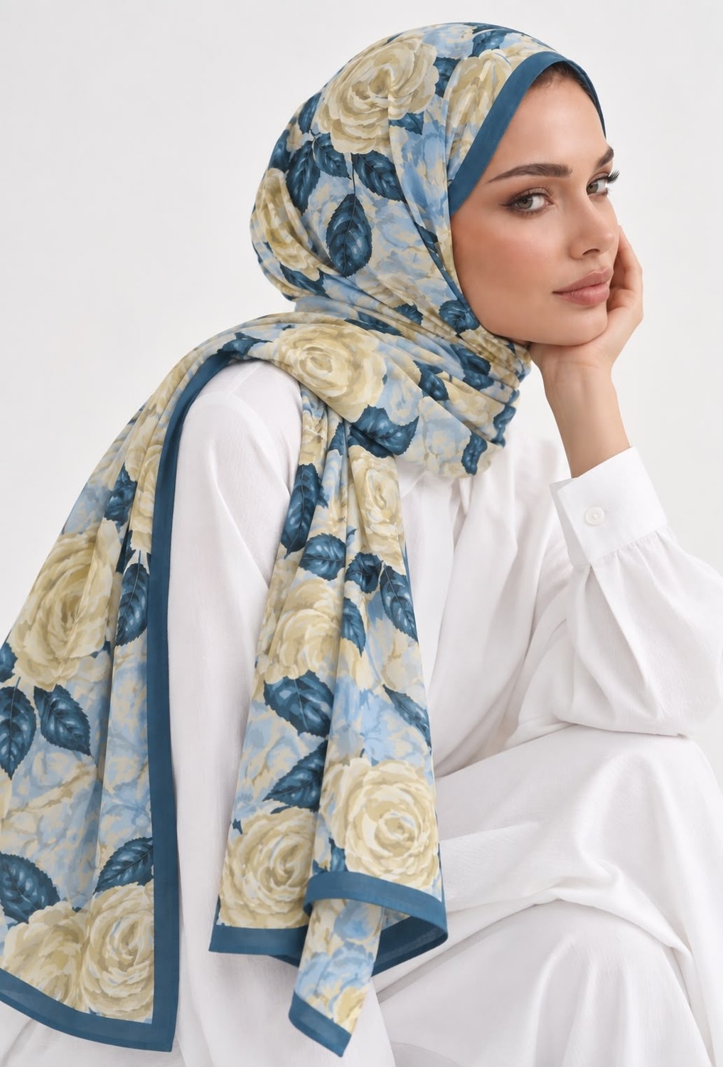 Revam Collection Gül Desen Pamuk Soft Şal Mavi görsel 5