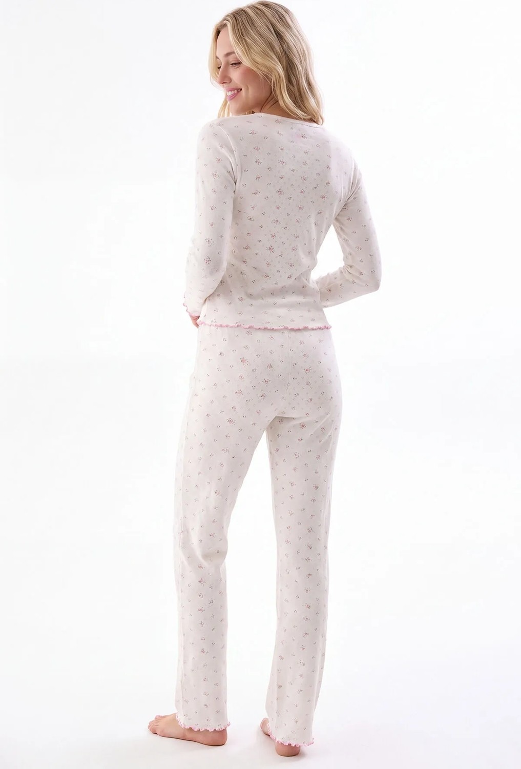 NBB Ekru Çiçekli Düğmeli Pijama Takımı görsel 3