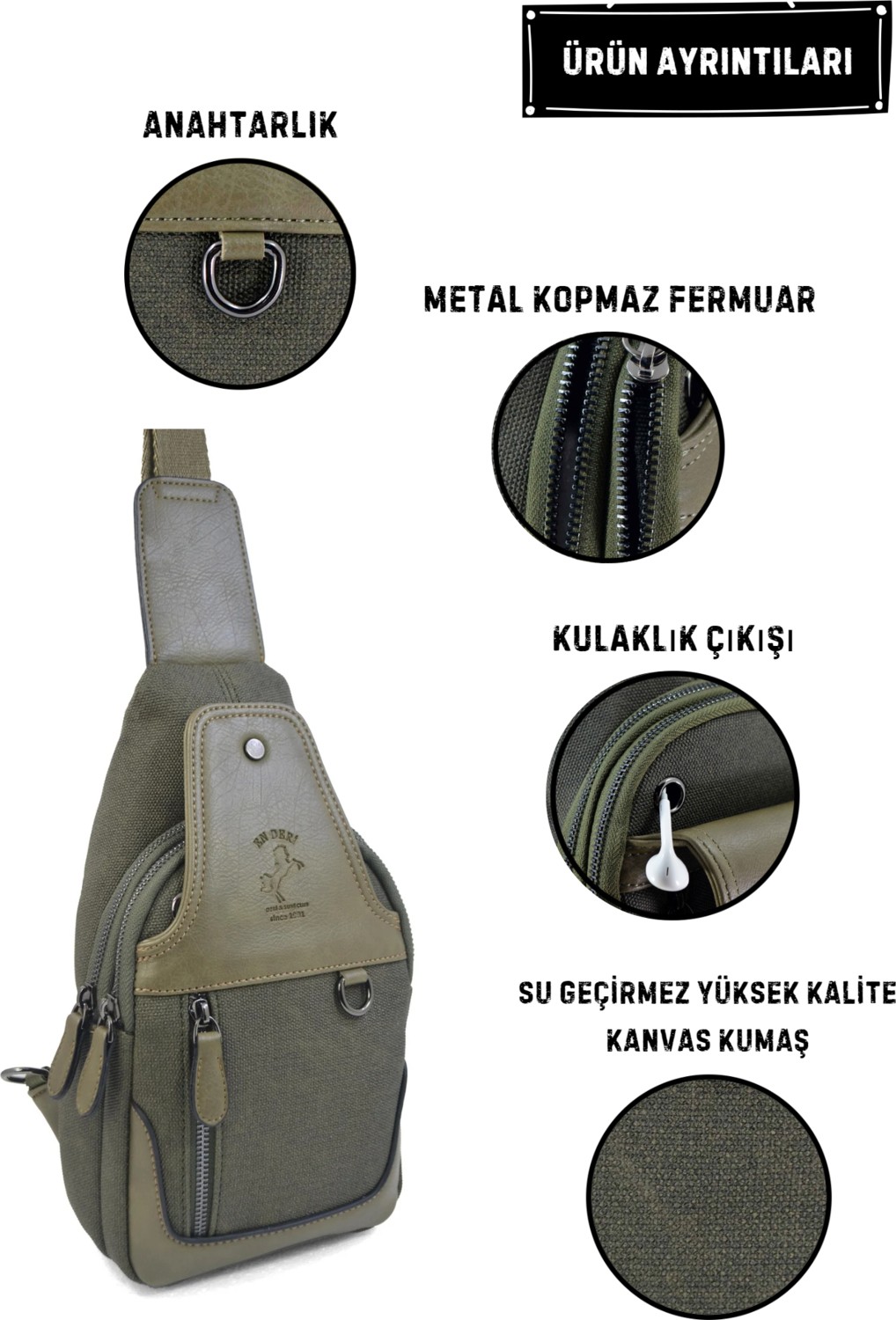 EN Deri Haki Kanvas Çok Bölmeli Günlük Çapraz Askılı Omuz Çantası 7038-hk görsel 2