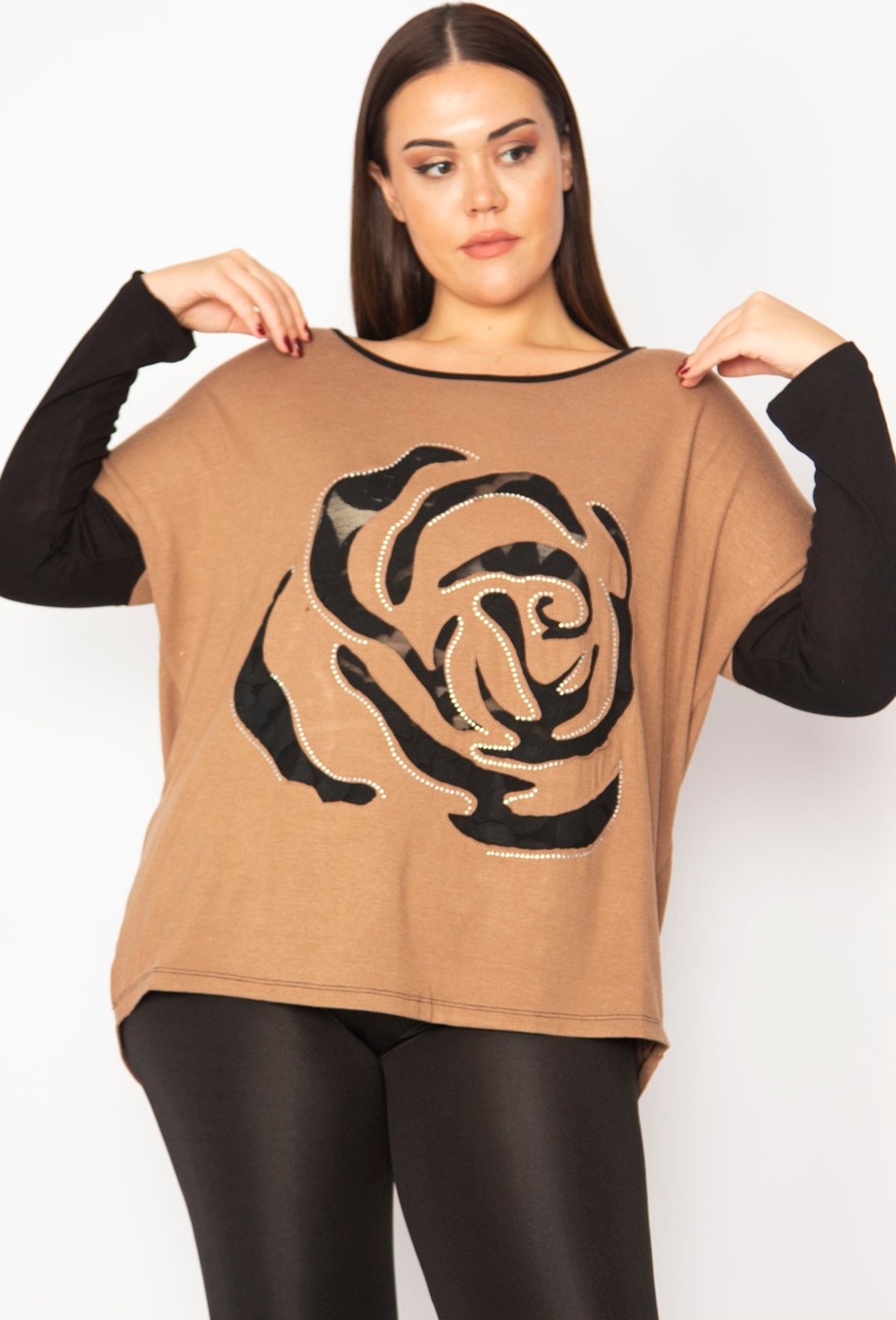 Şans Kadın Camel Önü Flok Desen Ve Taş Detaylı İki Renkli Tunik 65N29336 görsel 2