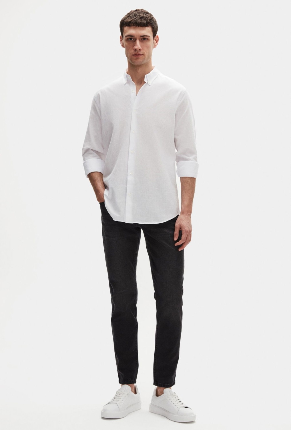 D'S Damat Ds Damat Comfort Lacivert Düğmeli Yaka Rahat Kesim Keten Görünümlü Pamuk Gömlek 2HC02ORT64265 görsel 4