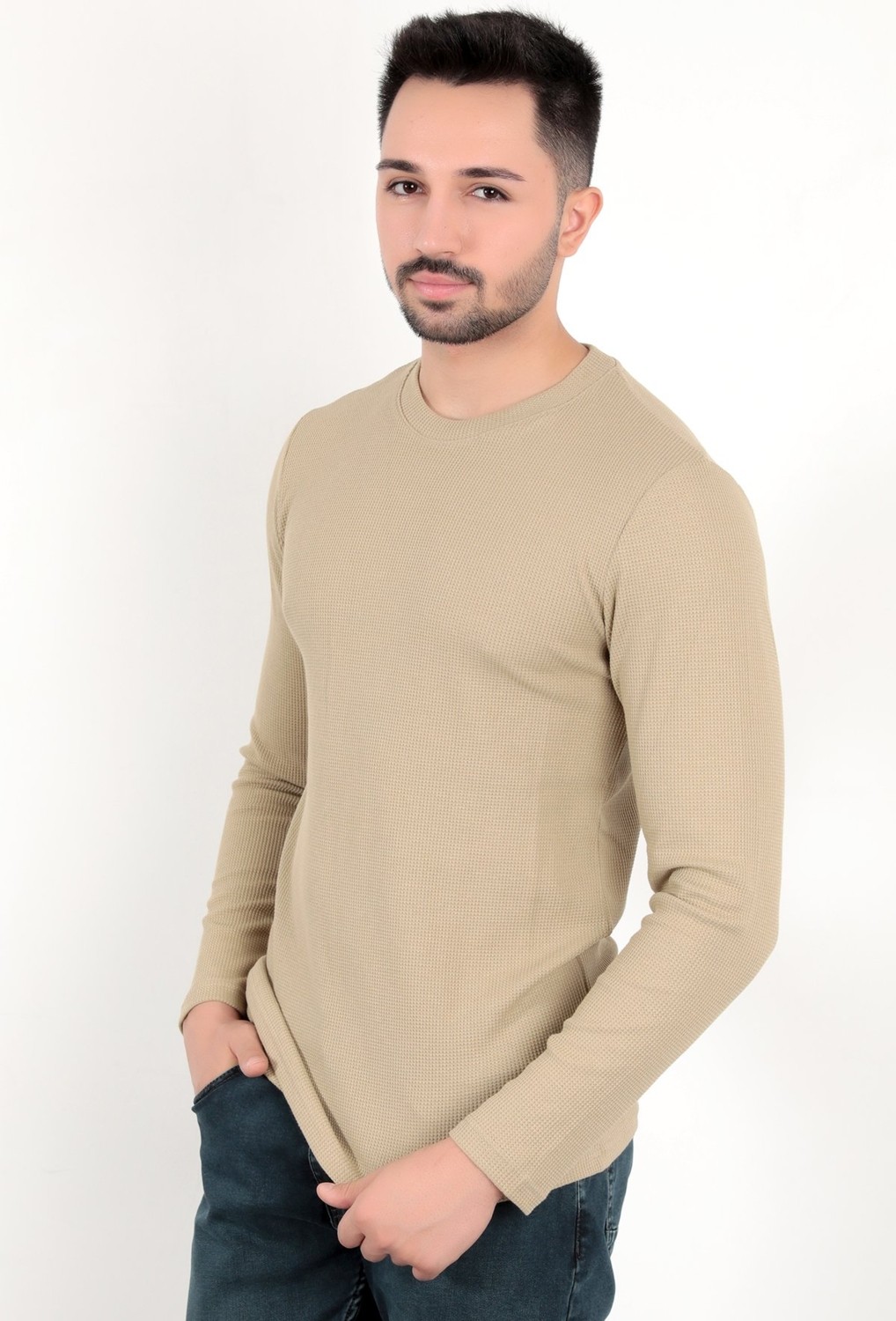 JB John Borners Erkek Vizon Bisiklet Yaka Slim Fit Esnek Waffle Kumaş Dokulu Uzun Kollu T-Shirt - 5073-2 görsel 3