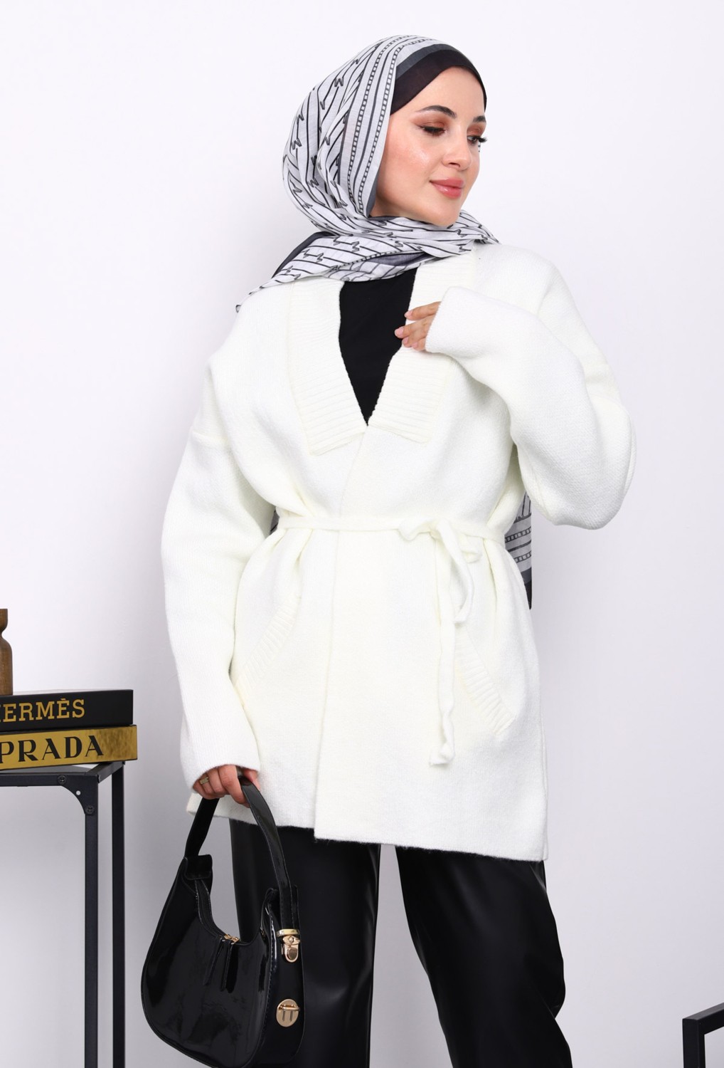 İmaj Butik Ekru Bel Kuşaklı Cepli Triko Hırka görsel 2