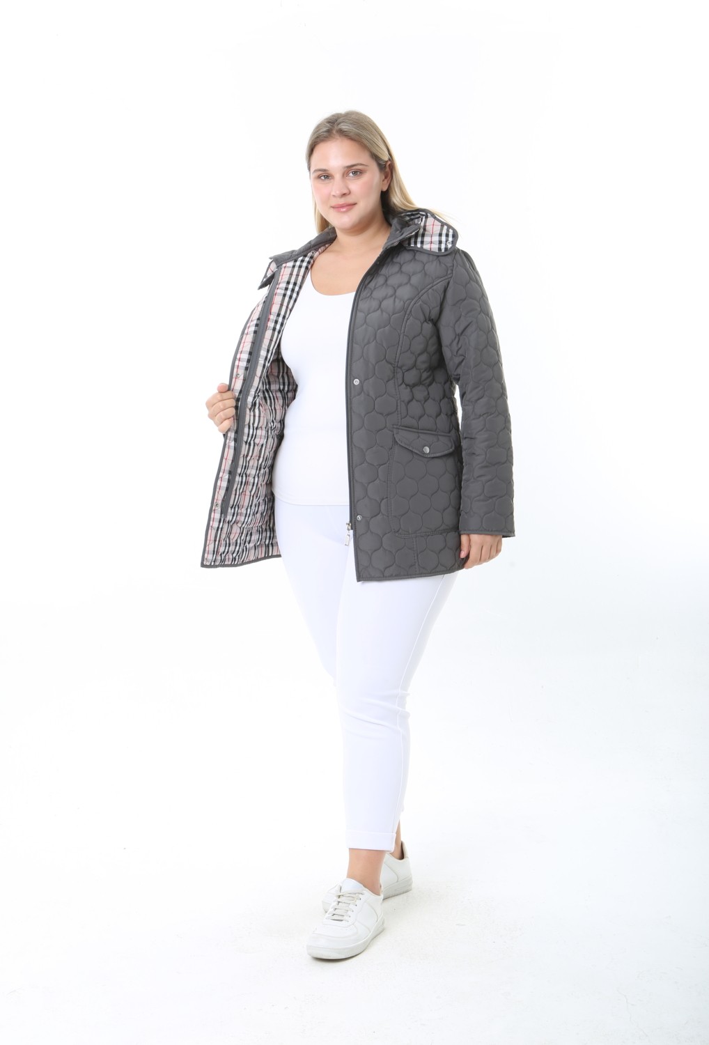TUTveAL Collection Su Itici,ekoseli, Büyük Beden Kapitone Mont,mevsimlik Mont görsel 5