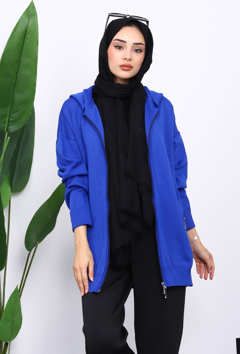 İmaj Butik Saks Mavi Çift Cepli Fermuarlı Triko Hırka
