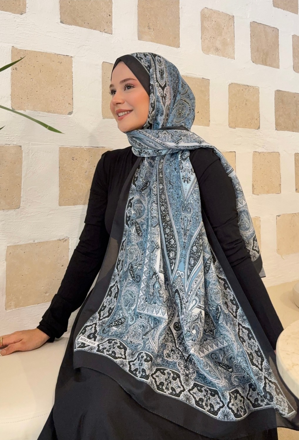 Mira İpek Retro Desen Pamuk Şal Siyah Mavi PS80 görsel 4