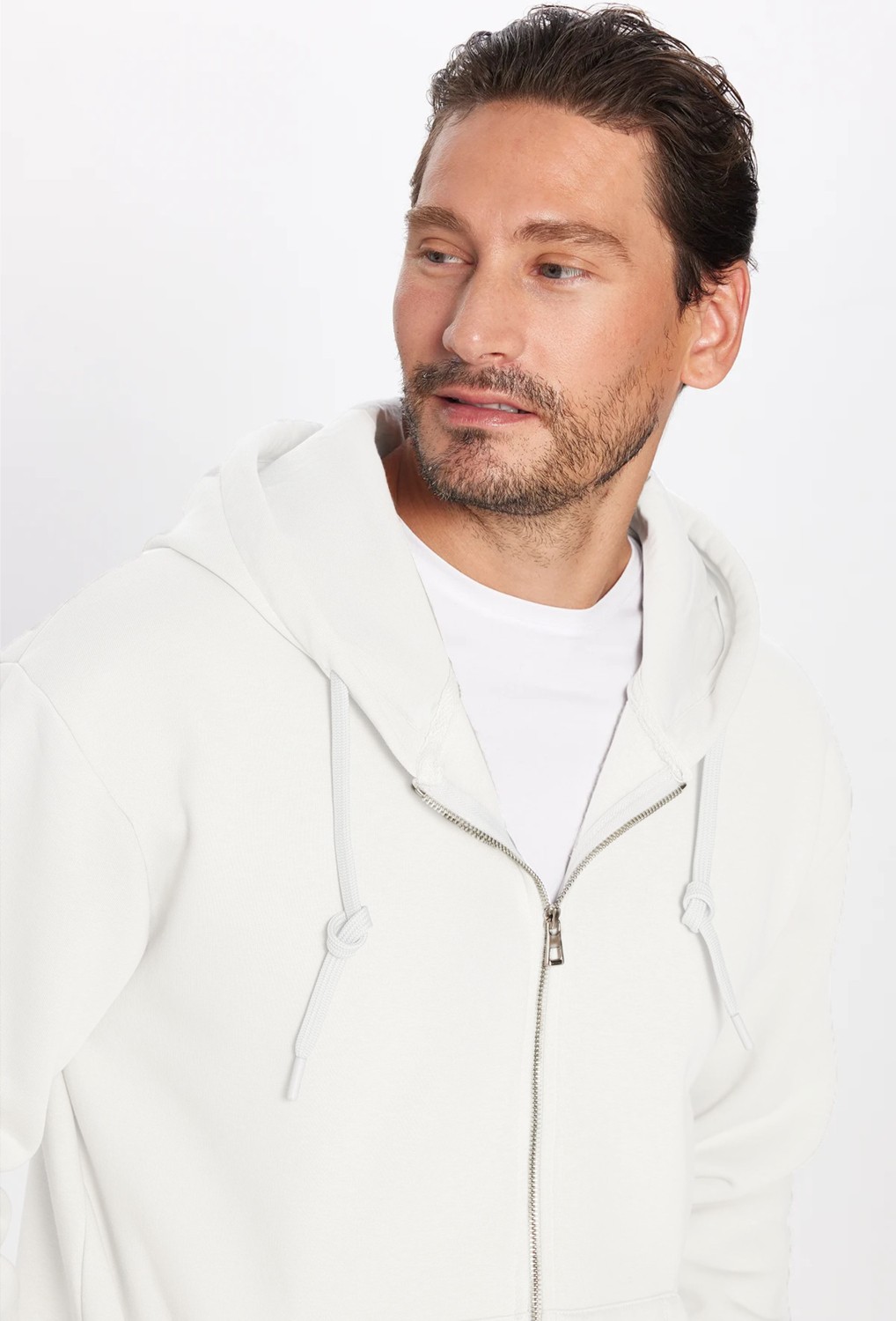 Tudors Unisex Relax Fit Rahat Kesim Pamuklu İçi Polarlı Çift Cepli Fermuarlı Beyaz Kapüşonlu Sweatshirt görsel 2