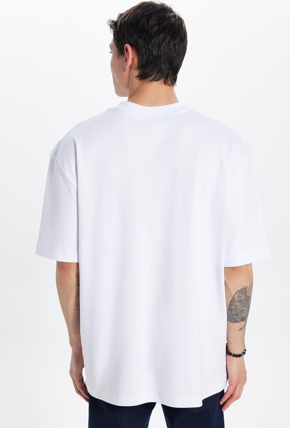 Tudors Unisex Oversize Geniş Kesim %100 Pamuk Yumuşak Dokulu Basic Bisiklet Yaka Beyaz Tişört görsel 6
