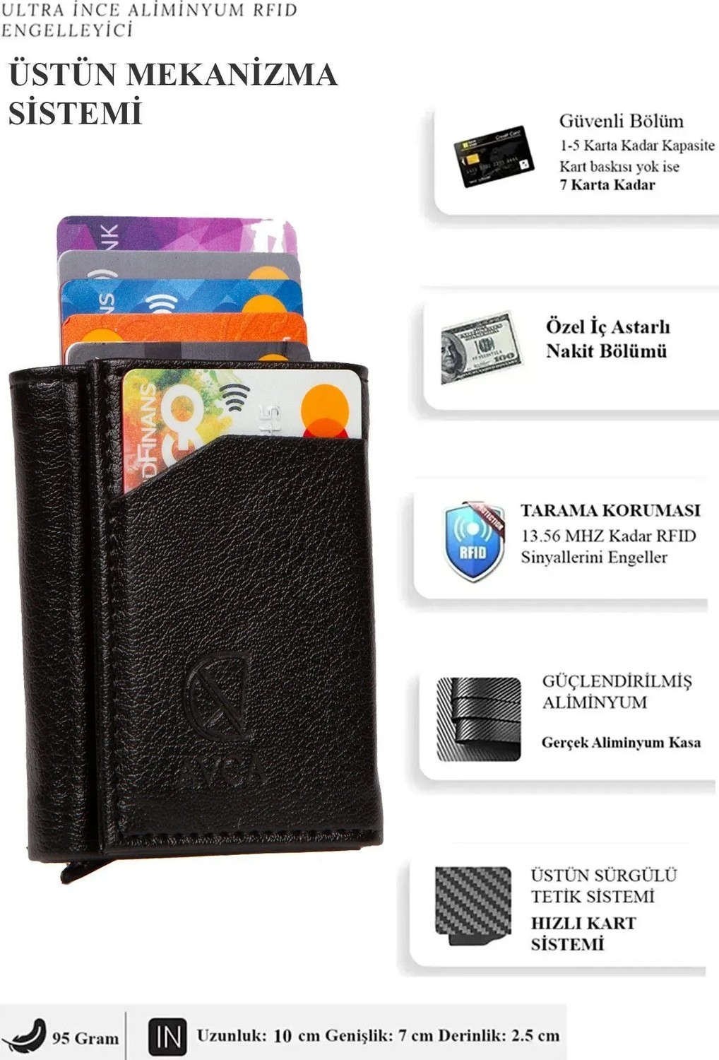 Avca Erkek Siyah Orijinal Mekanizmalı Nakit Para Bölmeli RFID Hırsızlık Koruyuculu Özel Kutulu Çıtlı Deri Cüzdan Kartlık görsel 3