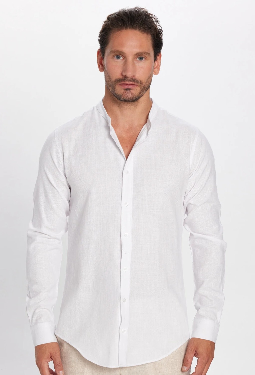 Tudors Erkek Slim Fit Dar Kesim Uzun Kollu %100 Pamuk Keten Doku Hakim Yaka Beyaz Gömlek görsel 2