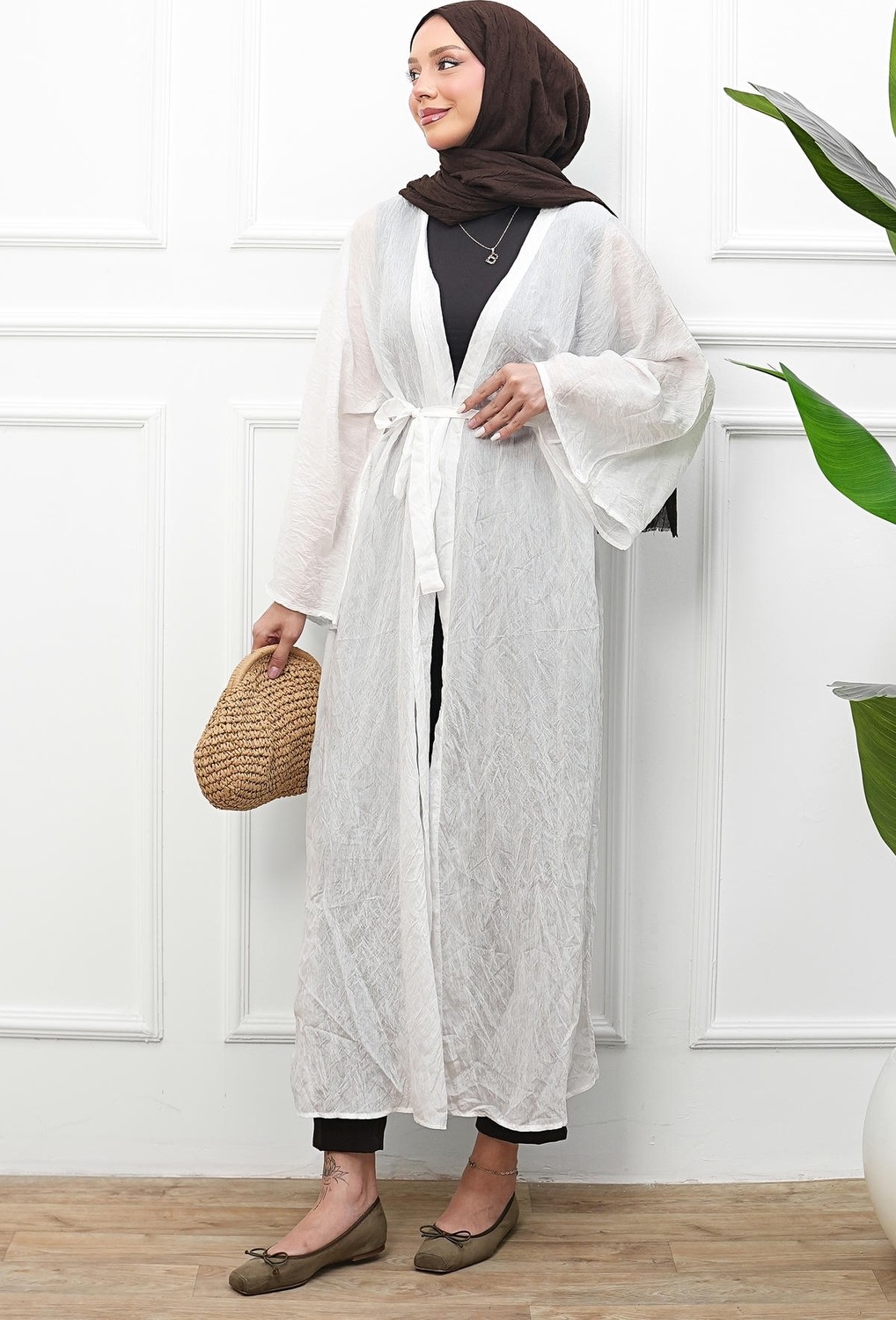 İmaj Butik Ekru Bel Bağlamalı Uzun Kimono görsel 3