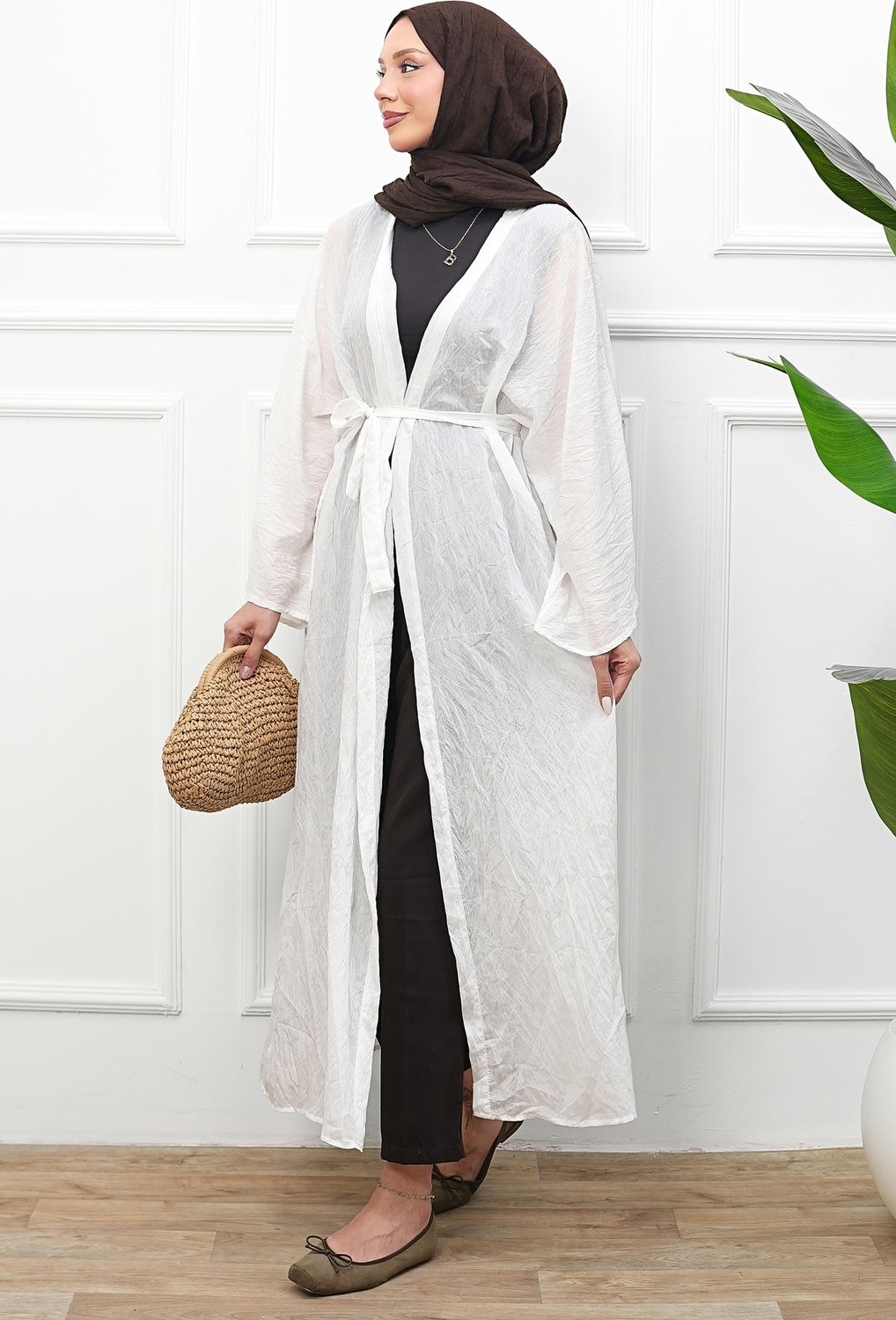 İmaj Butik Ekru Bel Bağlamalı Uzun Kimono görsel 4