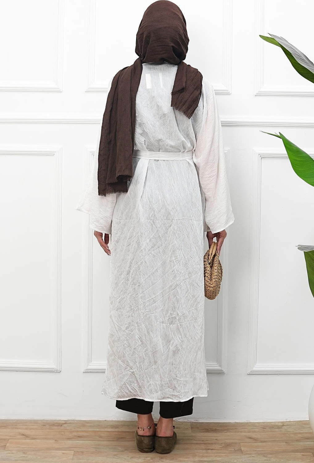 İmaj Butik Ekru Bel Bağlamalı Uzun Kimono görsel 5