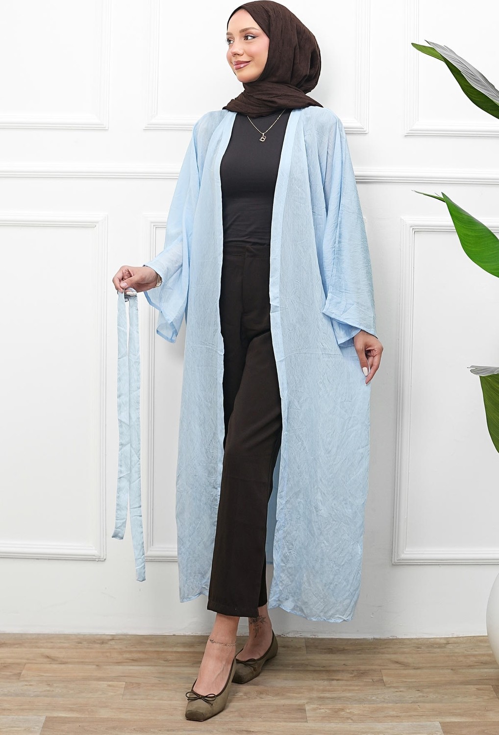 İmaj Butik Ekru Bel Bağlamalı Uzun Kimono görsel 6