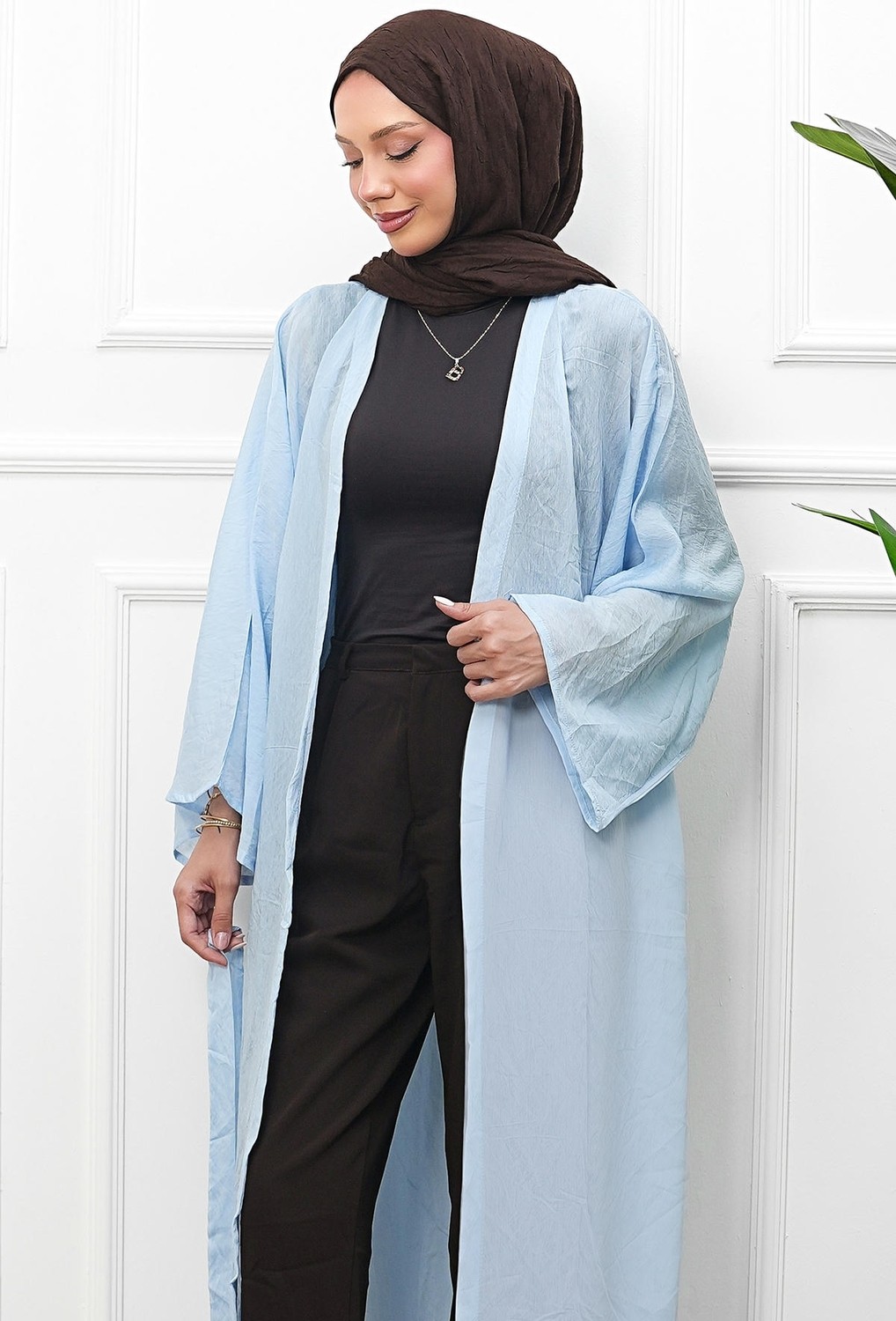 İmaj Butik Ekru Bel Bağlamalı Uzun Kimono görsel 7