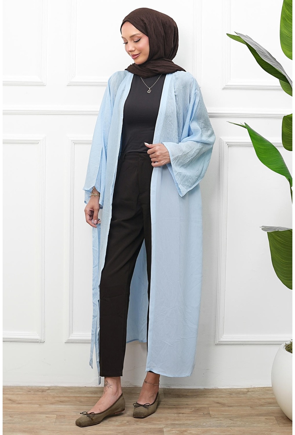 İmaj Butik Ekru Bel Bağlamalı Uzun Kimono görsel 8