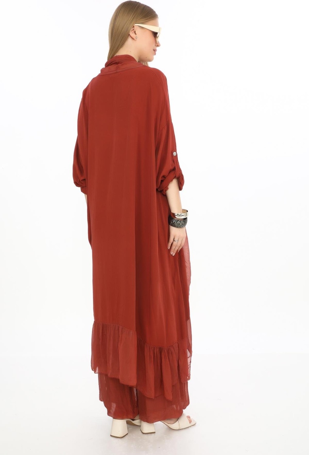 Bohem Stil Itayan Ipek Detaylı Oversize Kaftan- Pantolon Takım görsel 4