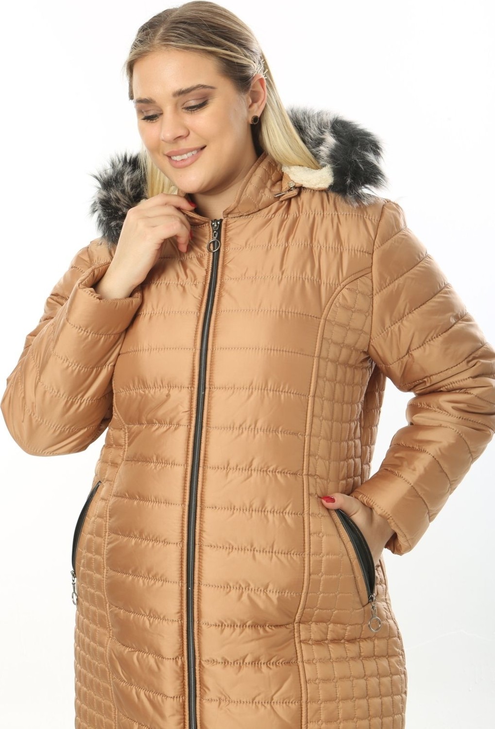 TUTveAL Collection Kadın Hardal Içi Kürklü Mont Uzun Kapitone Mont Kapüşonlu Büyük Beden Mont görsel 5