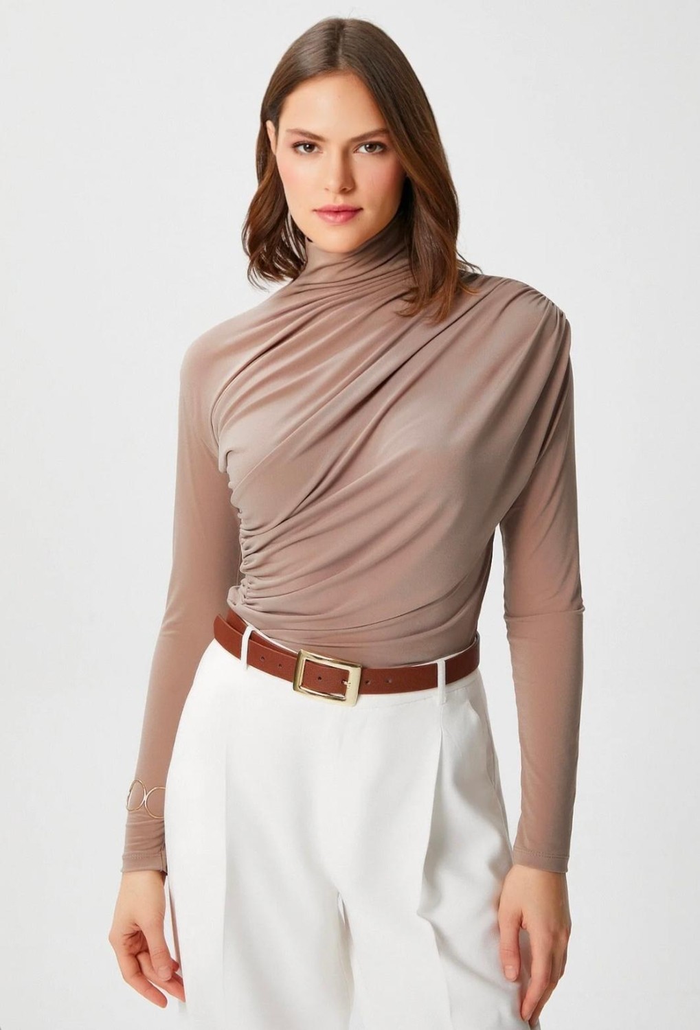 Eloria Fashion Kadın Büzgülü Likralı Bluz,uzun Kollu Tişört