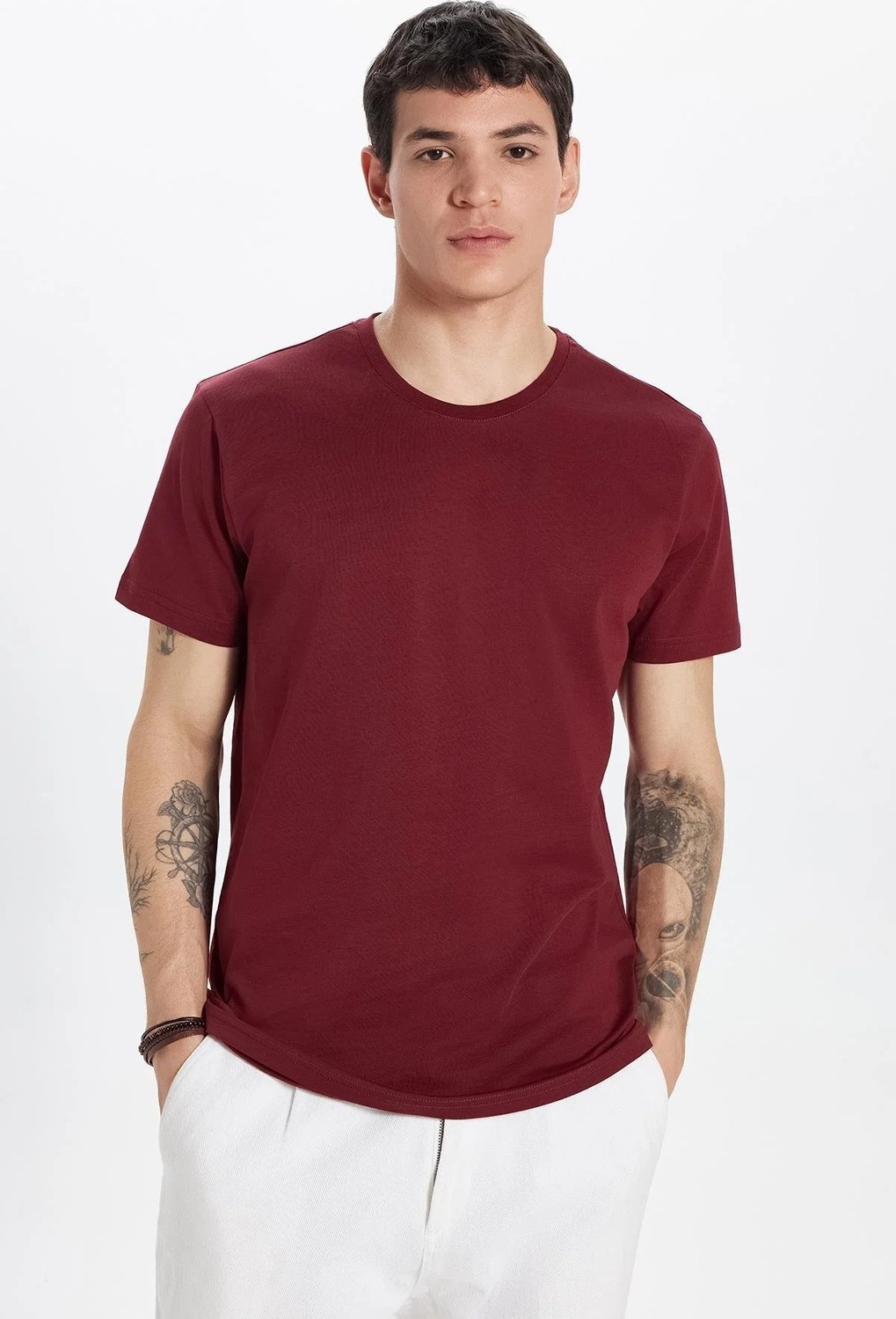 Tudors Unisex Slim Fit Dar Kesim %100 Pamuk Yumuşak Dokulu Bordo Bisiklet Yaka Tişört görsel 5