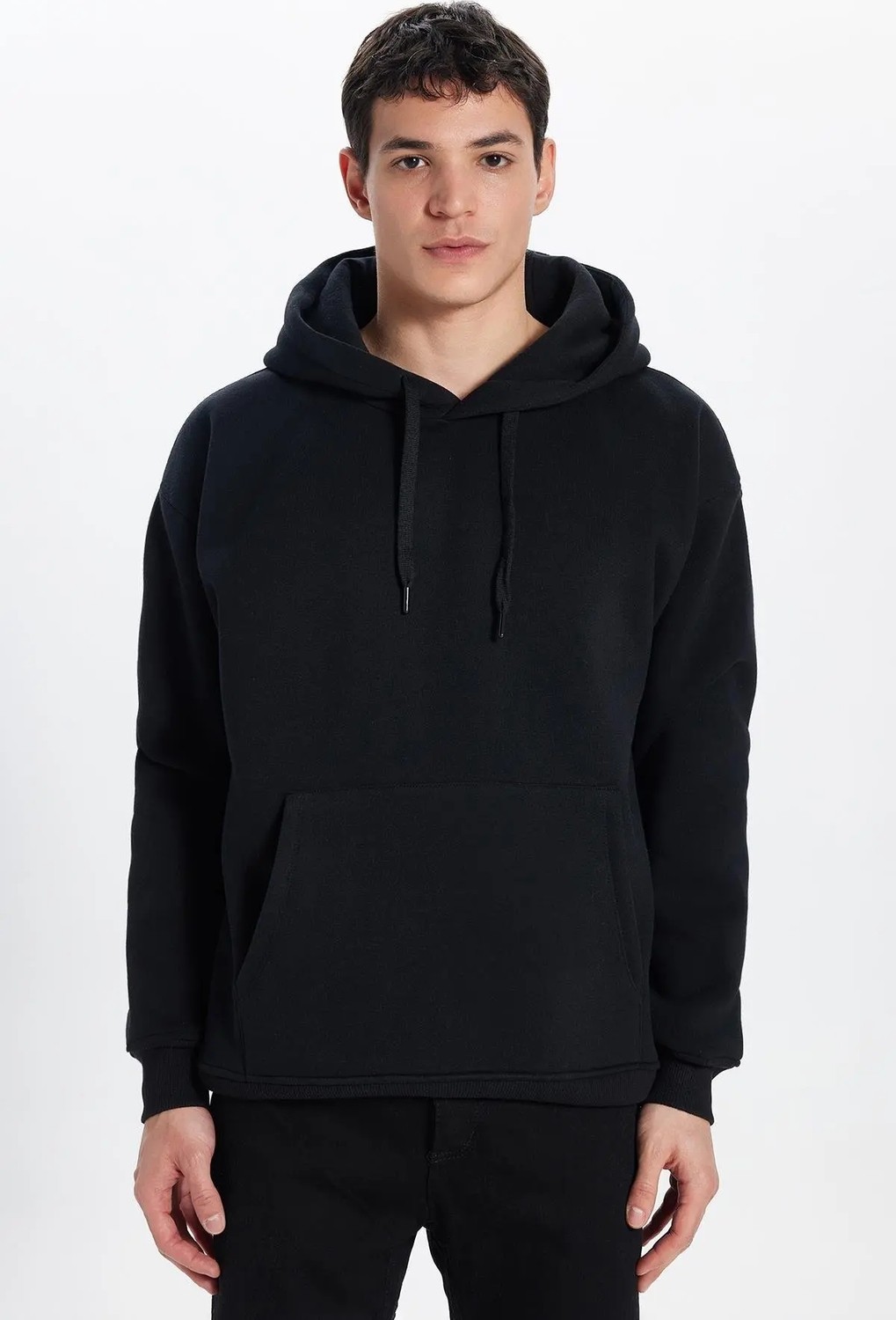 Tudors Unisex Oversize Geniş Kesim Pamuklu Yumuşak Dokulu İçi Polarlı Basic Siyah Kapüşonlu Sweatshirt görsel 5