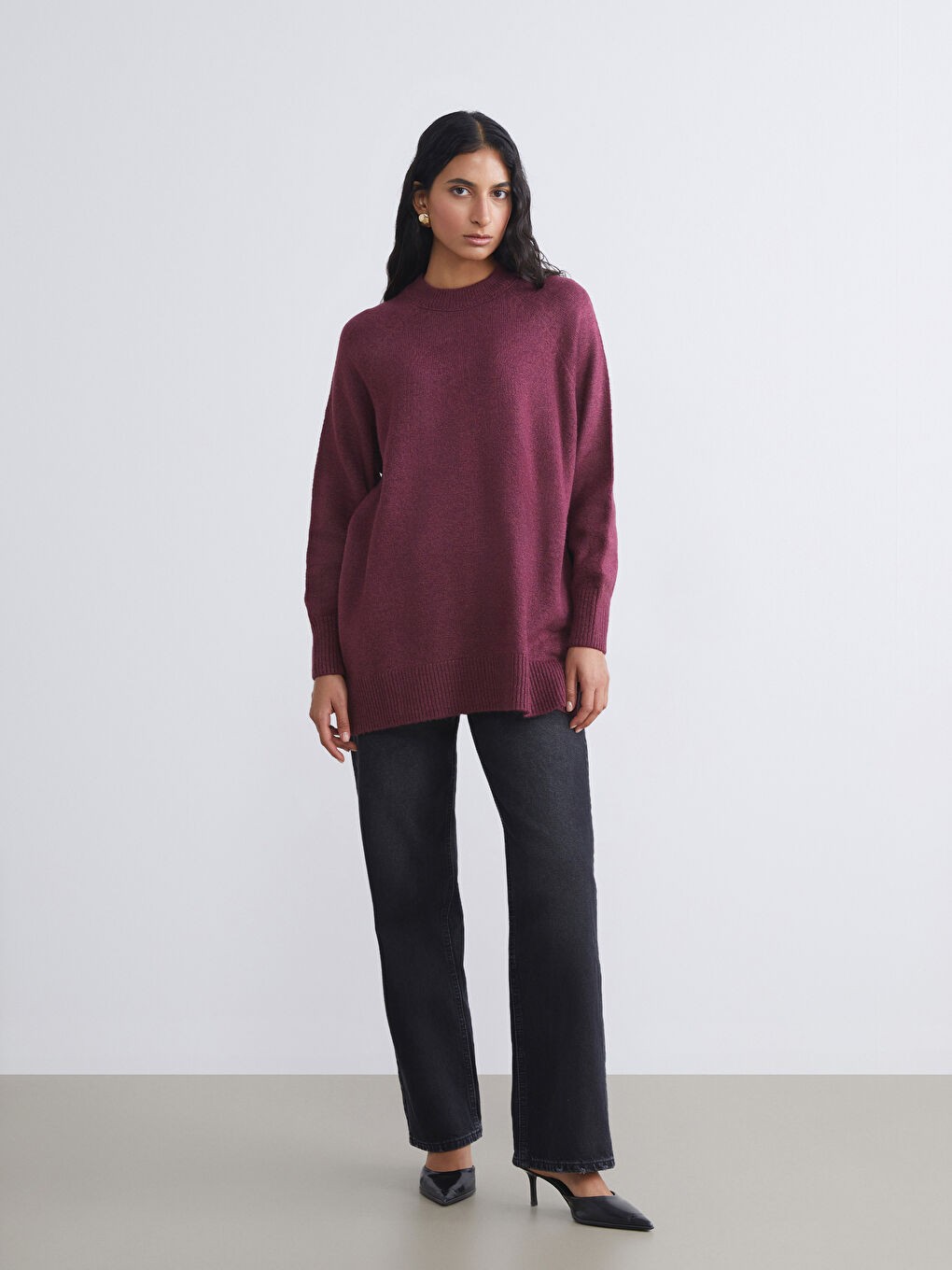 LC Waikiki Modest Bordo Bisiklet Yaka Oversize Kadın Triko Tunik