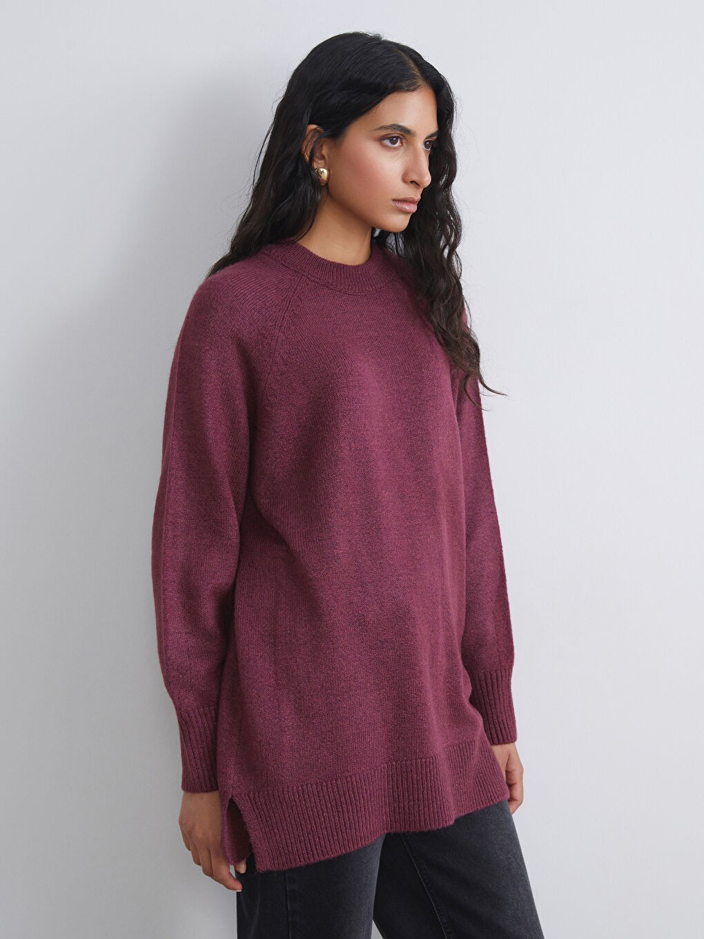 LC Waikiki Modest Bordo Bisiklet Yaka Oversize Kadın Triko Tunik görsel 2
